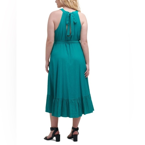 Calvin Klein Ruffled Turquoise Green Midi Dress with Halter Neck in Green Size 8 - Picture 2 of 4